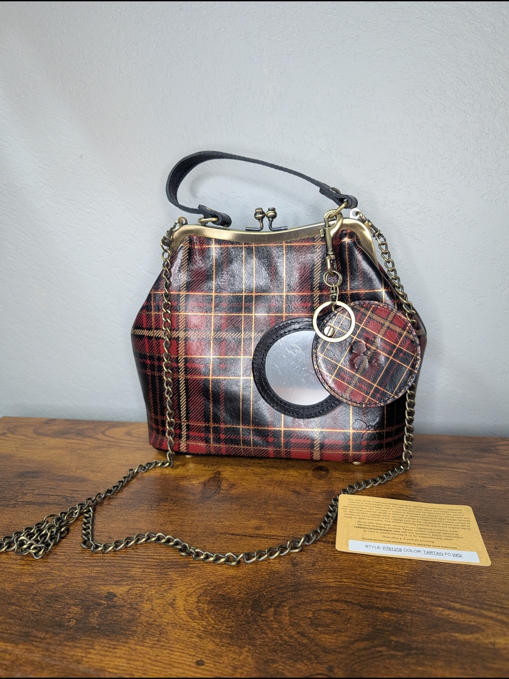 Patricia Nash Red Plaid Leather Shoulder Bag with Chain Strap